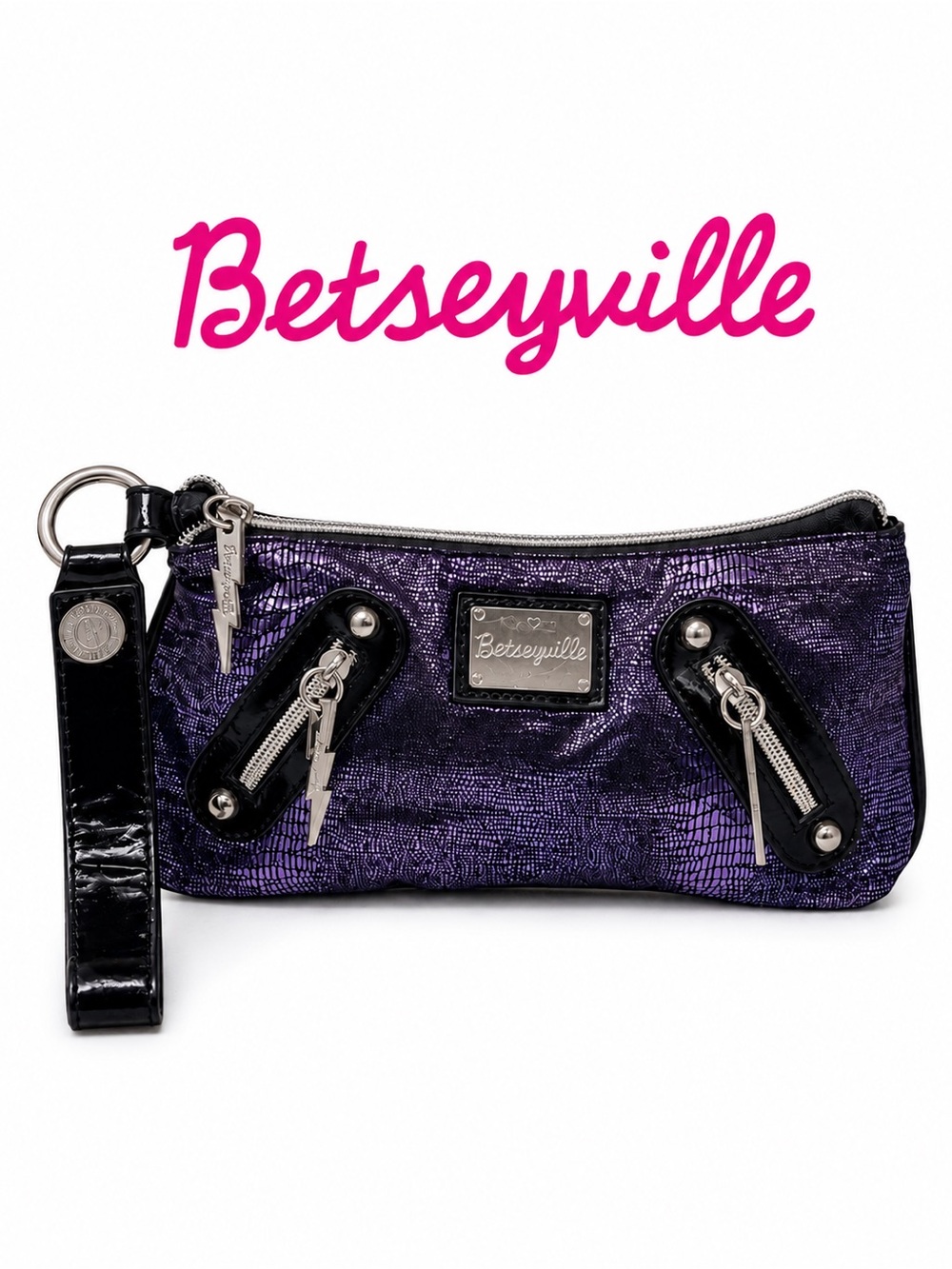 Betseyville Metallic Purple Lizard Print Wristlet Clutch Silver Hardware